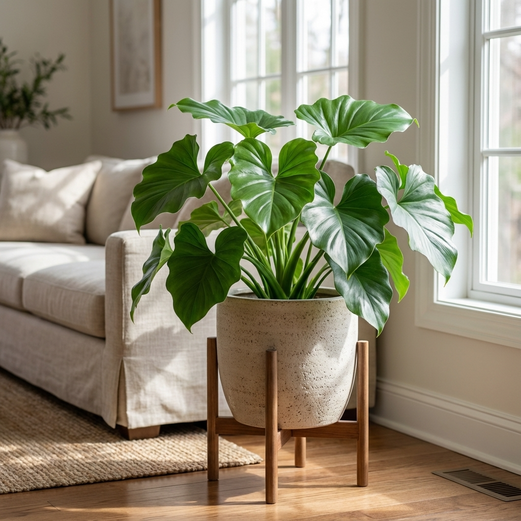 A Hope Philodendron - Philodendron selloum x ‘Hope’ sits in a pot on a wooden stand by a bright window, its lush tropical foliage adding freshness to the cozy living room.
