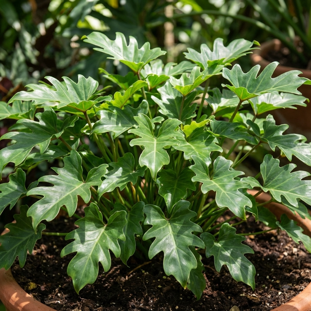 The Lickety Split Philodendron (Philodendron selloum ‘Lickety Split’) features glossy, deeply lobed green leaves that add vibrant tropical charm to any garden setting.