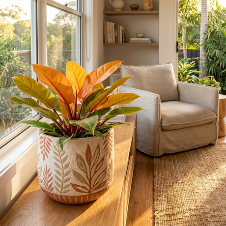 A Philodendron Prince of Orange, a vibrant and easy-care plant, sits in a pot on a wooden table next to a cozy armchair in a sunlit living room.