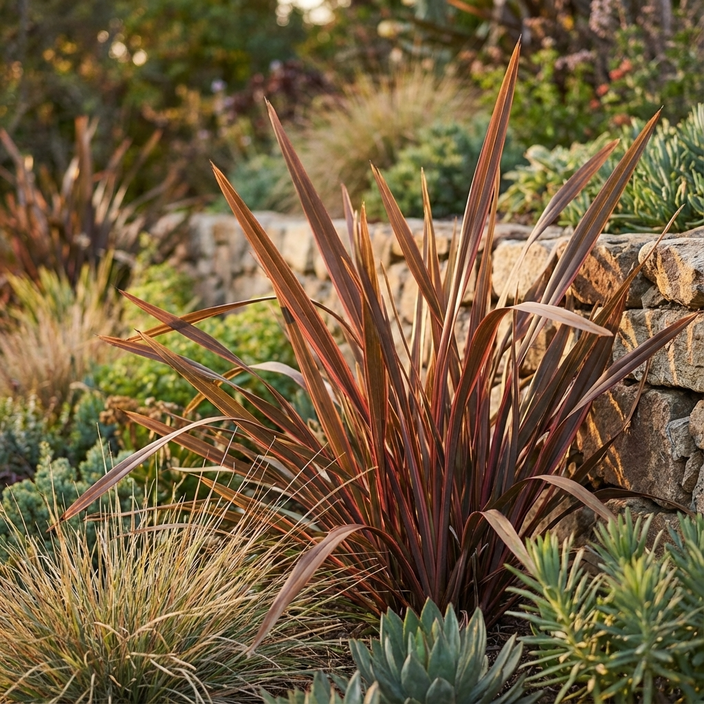 Phormium ‘Bronze Baby’, a compact New Zealand flax with bronze-brown foliage, grows among succulents by a stone garden wall in sunlight.