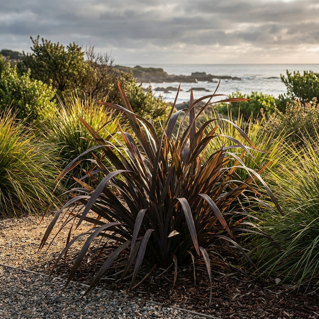 The Black Rage Plant - Phormium ‘Black Rage’ is an architectural standout for coastal gardens, thriving among greenery and gravel with ocean views—ideal for creating a striking, low-maintenance landscape.