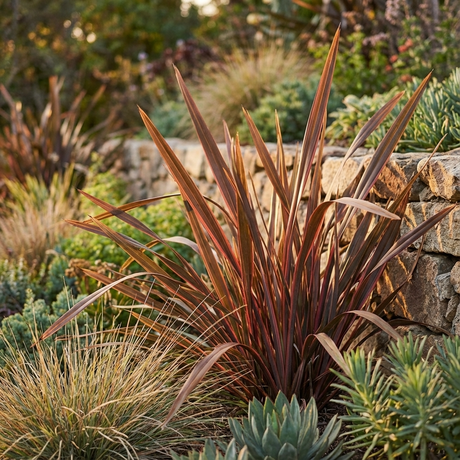 Phormium ‘Bronze Baby’ features striking bronze foliage, growing among succulents and grasses near a stone wall in a sunny garden.