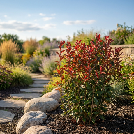 A landscaped garden featuring a small shrub, stone path, rocks under a sunny sky, bordered by a Photinia ‘Thin Red’ hedge for narrow screening.