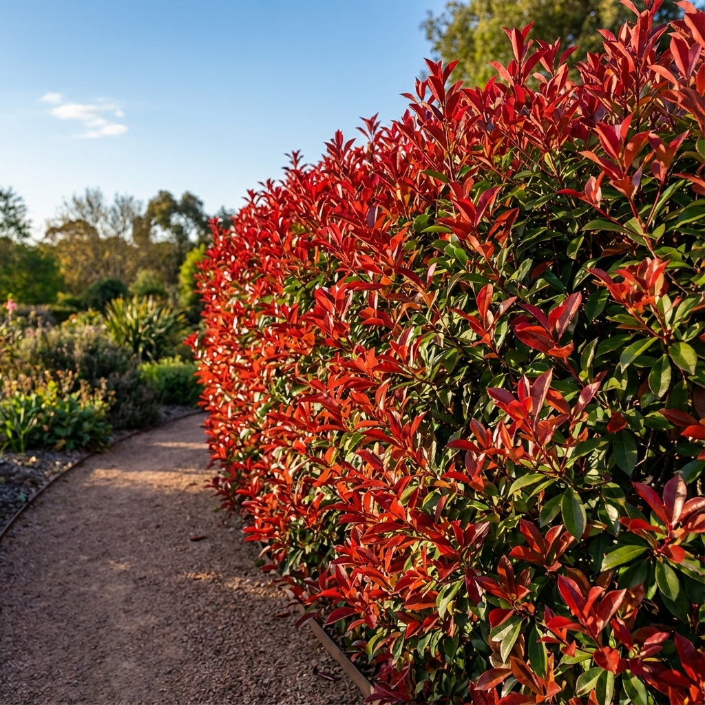 A gravel path curves beside a vibrant hedge of Photinia glabra ‘Rubens’, an evergreen shrub with striking red leaves, on a sunny day.