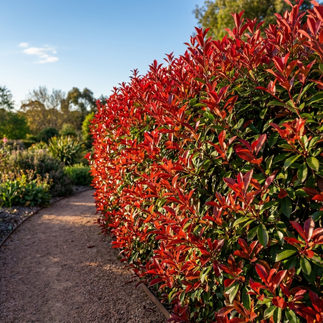 A garden path curves beside a tall hedge of Photinia glabra ‘Rubens’, an evergreen shrub known for its vibrant red leaves.