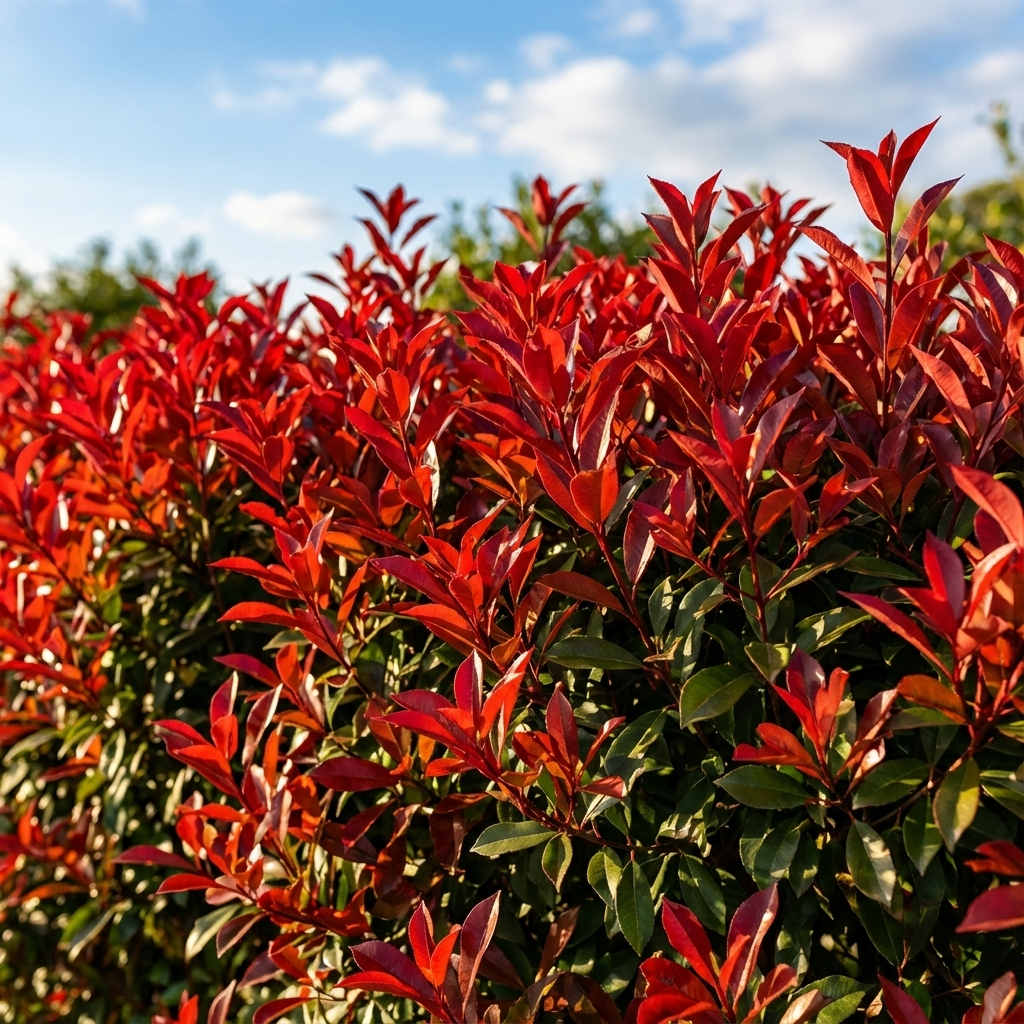 The bright red leaves of Red Robin - Photinia × fraserii glow beneath a blue sky with white clouds, making this evergreen shrub a vibrant choice for a privacy hedge.