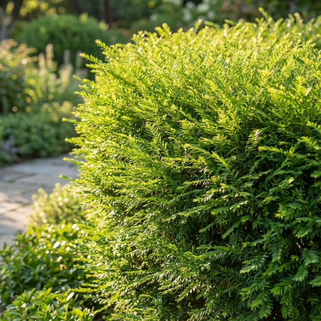 Phyllanthus ‘Waterfall’ showcases dense green foliage and small leaves cascading in sunlight, displayed beside a blurred stone path in a garden setting.