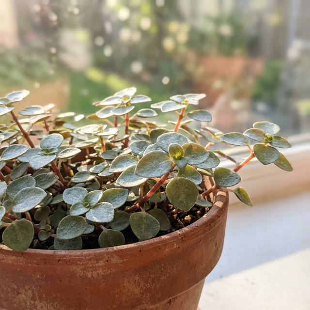 A Pilea ‘Silver Sparkles’, a low-maintenance houseplant, rests on a windowsill in gentle sunlight, its round green leaves sparkling softly.