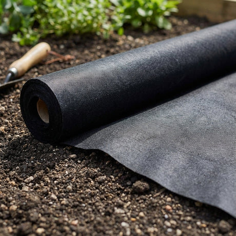 The Pillar 0.9 x 10m Black Platinum Weed Control Mat is partially unrolled on garden soil, providing weed suppression, with plants and a hand tool nearby.