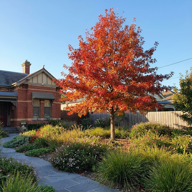 A Pin Oak - Quercus palustris, known for its bright orange autumn color, provides shade in a garden in front of a brick house.