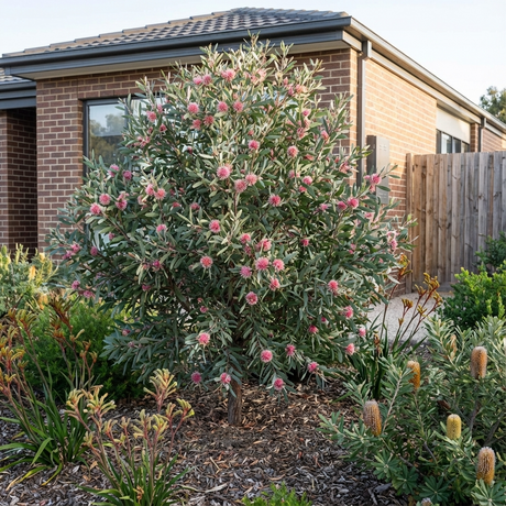 A Pincushion Hakea (Hakea laurina) with striking pink flowers and evergreen foliage grows in a landscaped garden in front of a brick house.