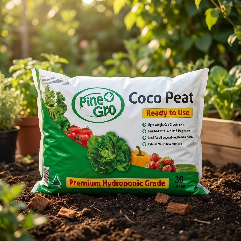 A bag of Pinegro 30L Coco Peat Ready To Use, a premium coir mix with excellent moisture retention, rests on soil in a garden surrounded by green plants and sunlight.