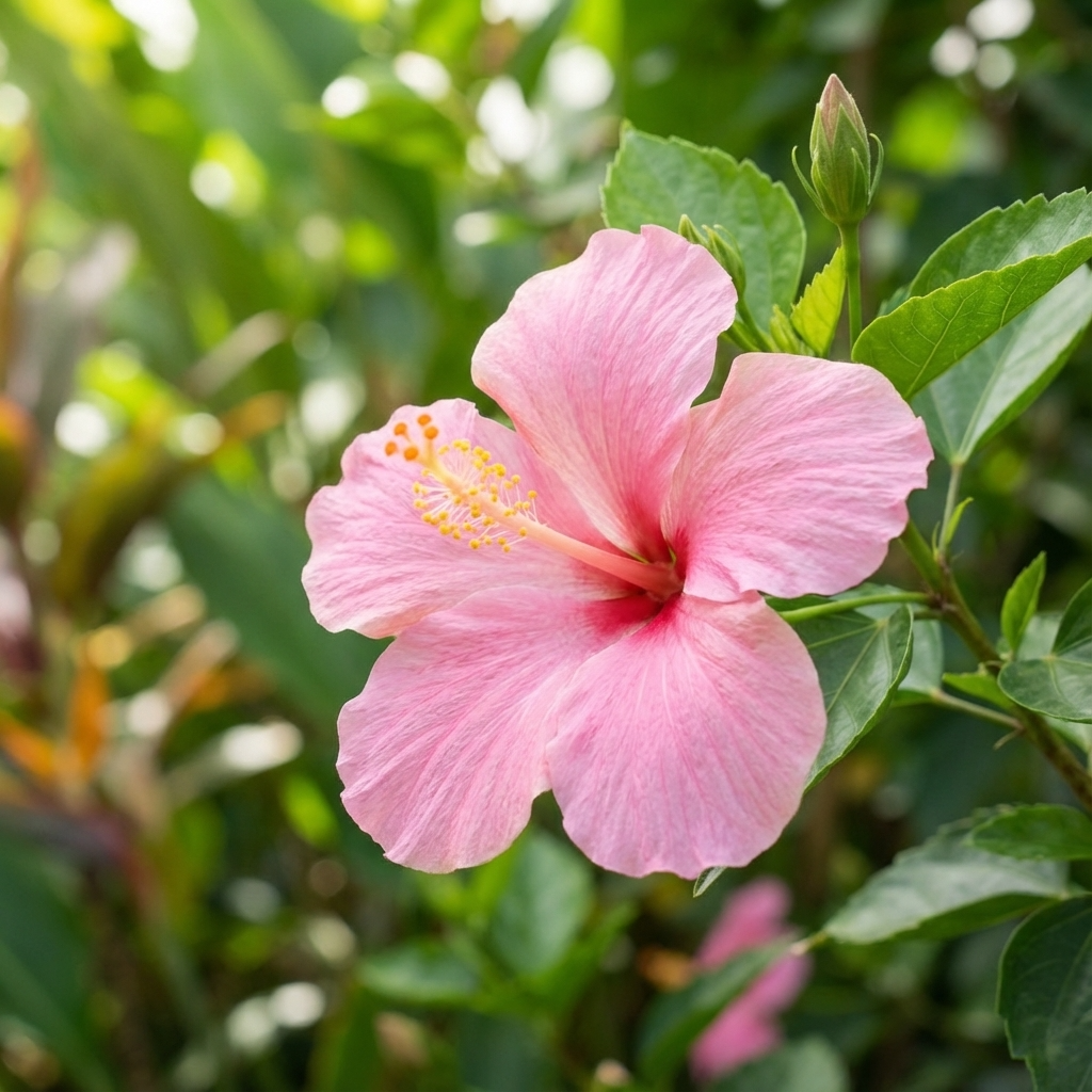 The Pink Chiffon Hibiscus - Hibiscus rosa sinensis 'Pink Chiffon' blooms with vibrant pink flowers and lush green leaves, capturing the tropical beauty of this stunning plant in sunlight.