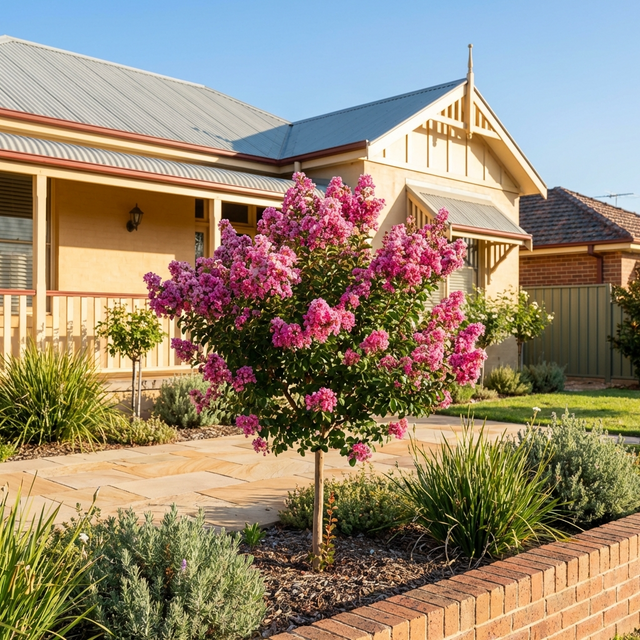 Lagerstroemia 'Zuni' Pink Crepe Myrtle, a drought-tolerant flowering tree, showcases vibrant pink blooms in the front garden of a yellow house with a porch on a sunny day.