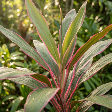 The Pink Diamond Cordyline (Cordyline fruticosa 'Pink Diamond') showcases green leaves edged in pink, glistening with water drops under bright natural sunlight.