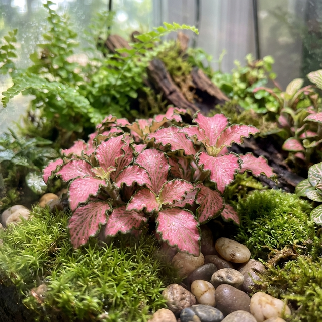 Pink Fittonia 'Pink' plants paired with moss, ferns, and rocks create a striking terrarium display—an ideal indoor plant arrangement.