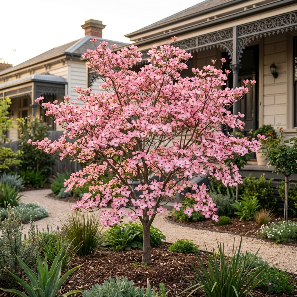 The Pink Flowering Dogwood (Cornus florida ‘Rubra’) adds vibrant pink blossoms and ornamental charm to landscaped gardens, making it an ideal small tree for planting near a porch or in front of a house.