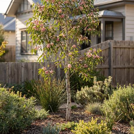 Pink Flowering Yellow Gum - Eucalyptus leucoxylon ‘Rosea’, a small Australian native tree with pink blooms, is featured in a well-kept garden in front of a house with a wooden fence.