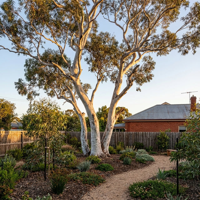 A sunlit garden with native plants, a gravel path, and tall Pink Gum - Eucalyptus fasciculosa trees near a brick house.