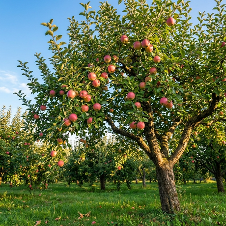 A home orchard features a sunlit apple tree with ripe red apples, including the premium Pink Lady Apple - Malus domestica 'Pink Lady' variety.