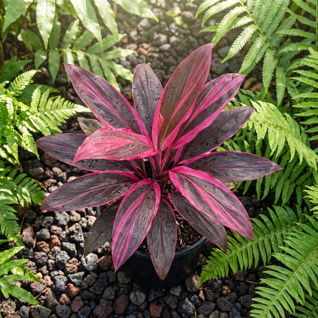 A Pink Lady Ti Plant - Cordyline fruticosa ‘Pink Lady’ with dark green and vibrant pink leaves is potted and surrounded by lush green ferns set on black pebbles.