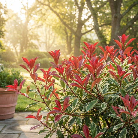 Red-tipped leaves on the Pink Marble Photinia (Photinia 'Pink Marble'), an evergreen shrub perfect for hedging, add vibrant color to a sunlit garden with trees and potted plants in the background.