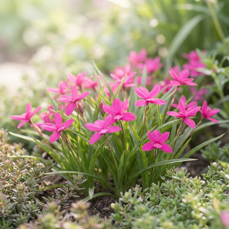 Star-shaped pink flowers of the Pink Star Plant - Rhodohypoxis ‘Beverly’ bloom among slender green leaves, creating a compact perennial display with low green foliage in the garden.