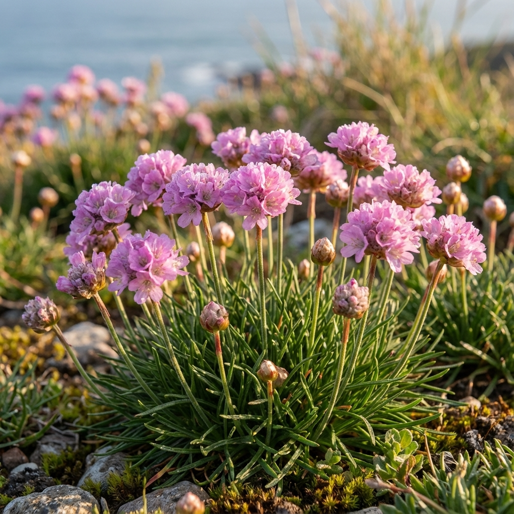 A cluster of Pink Thrift - Armeria maritima 'Rosea' blooms among green grass and rocks, set against a blurred background.