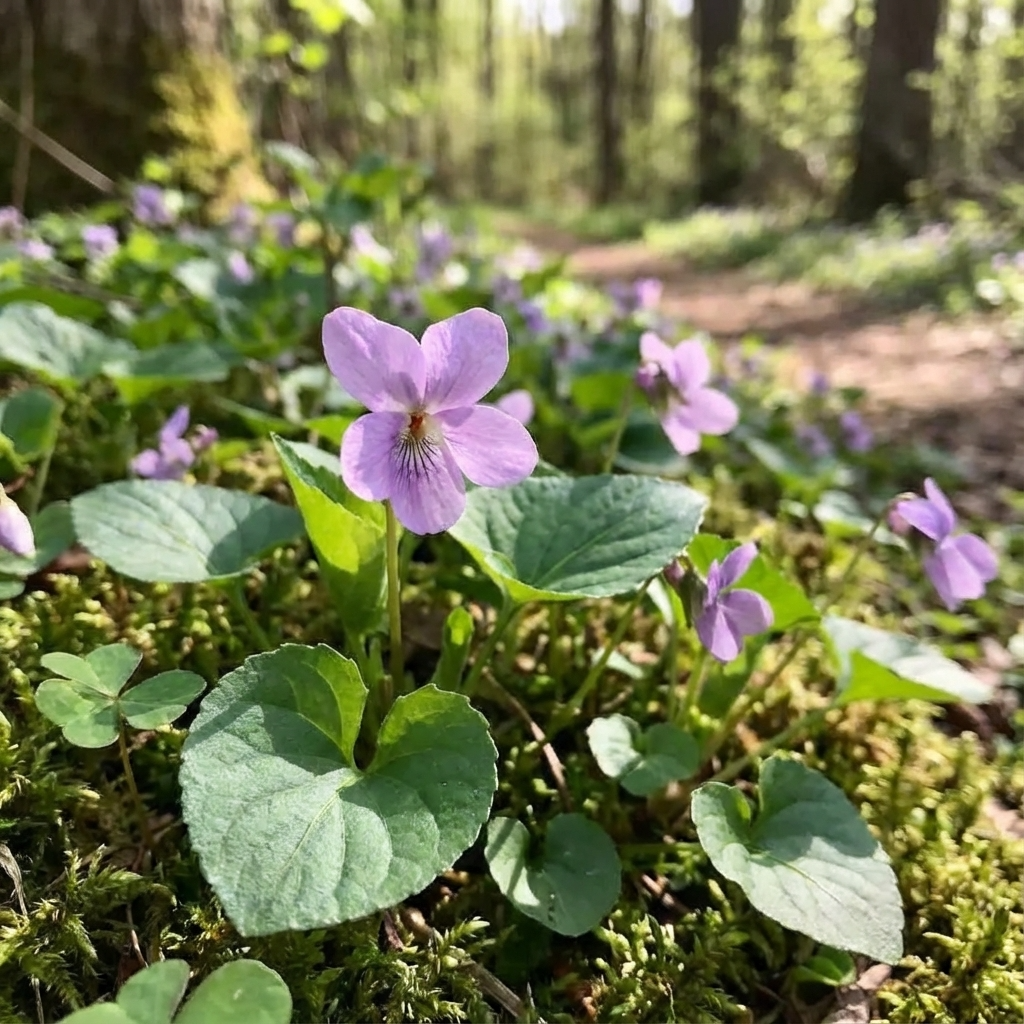 Shade tolerant Pink Violet - Viola ‘Rosina’ wildflowers with green leaves thrive on a mossy forest floor as sunlight filters through the trees.