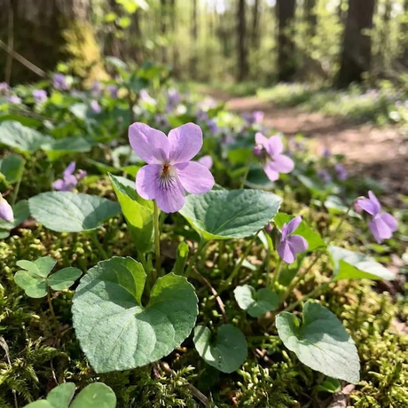Shade tolerant Pink Violet - Viola ‘Rosina’ wildflowers with green leaves thrive on a mossy forest floor as sunlight filters through the trees.