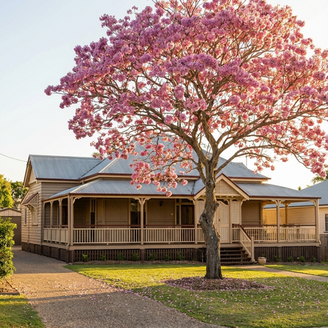 A Pink Trumpet Tree - Tabebuia palmerii blooms in front of a wooden house with a wraparound porch on a sunny day, creating a striking flowering feature in the landscape.