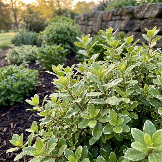 Pittosporum ‘Hole In One’ - Pittosporum ‘Hole In One’, a compact evergreen shrub, is shown growing by a stone wall in a garden with dappled sunlight filtering through nearby trees.