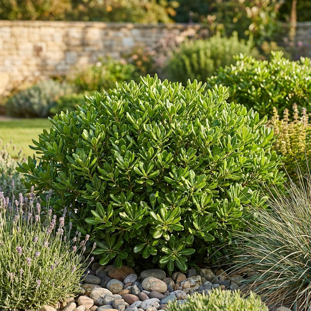 Pittosporum ‘Green Dome’ is a round, evergreen shrub featured among stones and companion plants in a sunny, easy-care garden bordered by a stone wall.