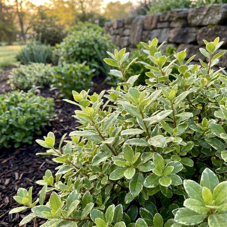 Pittosporum ‘Hole In One’ evergreen shrubbery with small leaves grows in a garden bed, bordered by a stone wall and trees at sunrise. This low-maintenance plant provides year-round interest to your landscape.