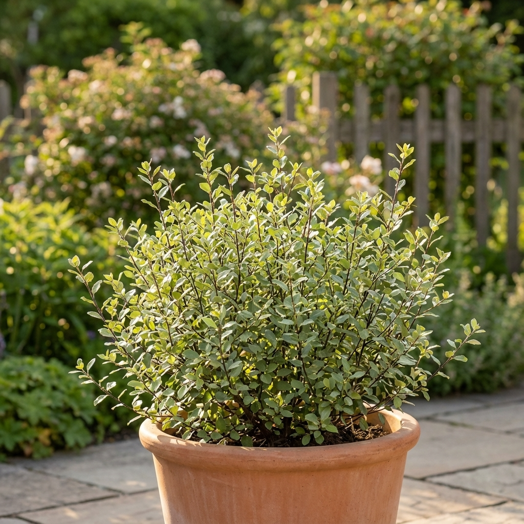 A Silver Sheen Dream Kohuhu (Pittosporum tenuifolium 'Silver Sheen Dream') in a terracotta pot sits on a sunny patio, perfect as a fast-growing hedge, with garden greenery and a wooden fence behind.