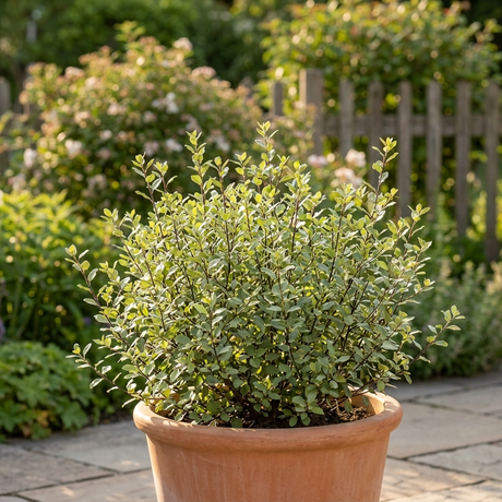 A Silver Sheen Dream Kohuhu (Pittosporum tenuifolium 'Silver Sheen Dream') in a terracotta pot sits on a sunny patio, perfect as a fast-growing hedge, with garden greenery and a wooden fence behind.