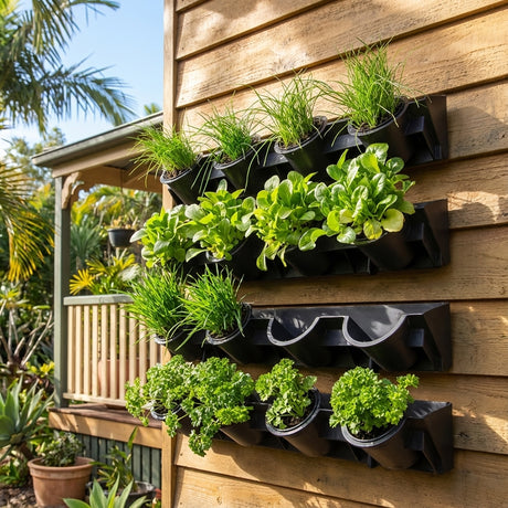 The Pixel Pot GreenWall Vertical Garden features green herbs and leafy plants in black pots mounted on a wooden outdoor wall, with an integrated irrigation system for easy watering.