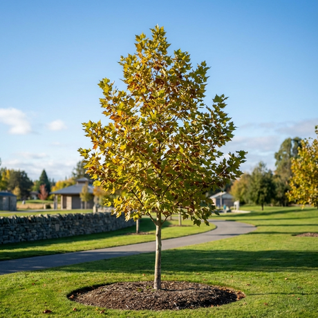 A young Plane Tree (Platanus orientalis insularis ‘Autumn Glory’) with green leaves stands in a sunlit park, surrounded by grass and a curved path, and will grow into an excellent shade provider.