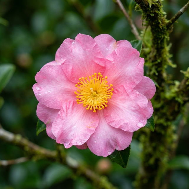 A pink flower with yellow stamens brightens an evergreen shrub, its beauty glowing against green leaves and moss—this is the allure of the Plantation Pink Camellia - Camellia sasanqua 'Plantation Pink'.