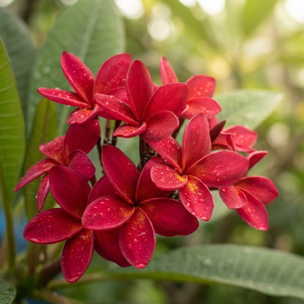 Cluster of vibrant red Plumeria rubra ‘Blood Red’ flowers with water droplets, set against lush green leaves, highlights the exotic tropical beauty of this stunning Plumeria rubra ‘Blood Red’ variety.