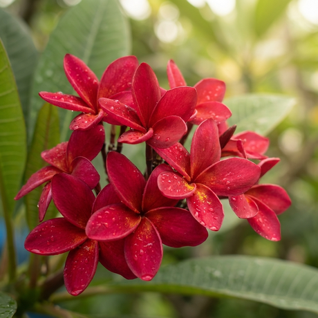 Cluster of vibrant red Plumeria rubra ‘Blood Red’ flowers with water droplets, set against lush green leaves, highlights the exotic tropical beauty of this stunning Plumeria rubra ‘Blood Red’ variety.