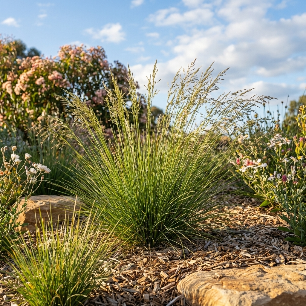 Tussock Grass - Poa ‘Rustic’ thrives among rocks and flowering shrubs in a sunny garden with blue skies, enhancing beauty and helping control erosion.