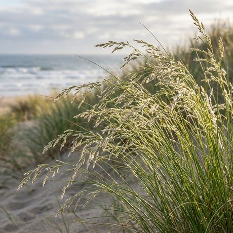 Coastal Tussock Grass (Poa poiformis) flourishes on sand dunes, offering erosion control with views of the ocean and a cloudy sky in the background.