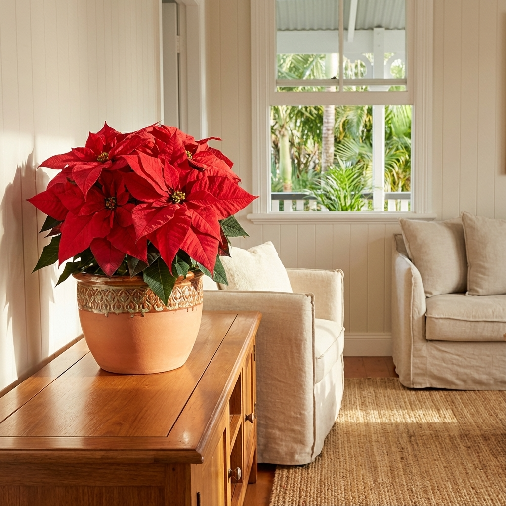 A Poinsettia ‘Ferrara’ (Euphorbia pulcherrima) with vivid red leaves brightens a cozy living room from its spot on a wooden table—an ideal touch of festive décor for Christmas.
