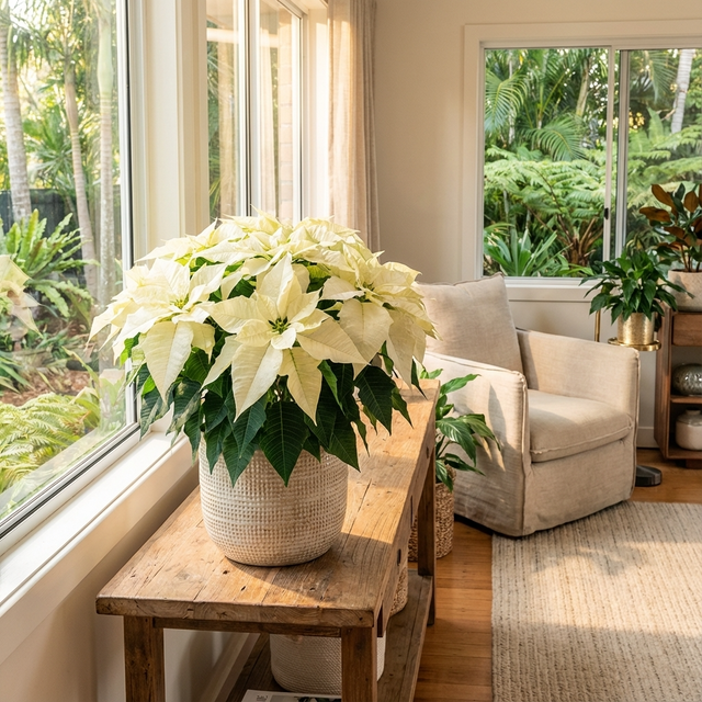 A Poinsettia ‘Frozen’ - Euphorbia pulcherrima with elegant white leaves sits on a wooden table, bringing modern festive charm to the bright, cozy living room.