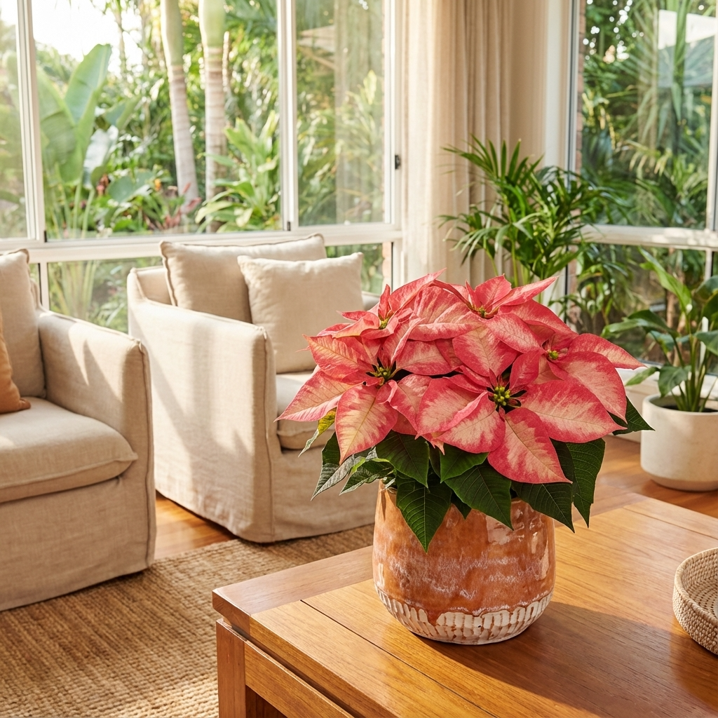 A Poinsettia ‘Premium Ice Crystal’ (Euphorbia pulcherrima) with marbled pink bracts sits in a pot on a wooden table in a bright, cozy living room with large windows.