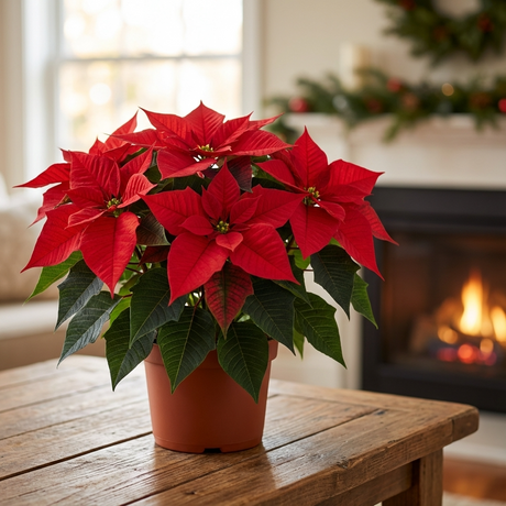 A Poinsettia ‘Prestige Sunrise’ (Euphorbia pulcherrima) adds vibrant red color to your indoor space, displayed in a pot on a wooden table with festive décor and a cozy fireplace in the background—a stunning holiday centerpiece.