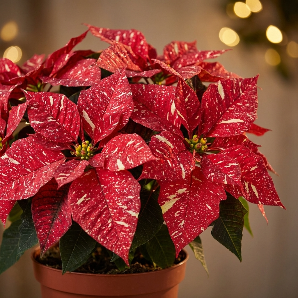 Poinsettia ‘Red Glitter’ (Euphorbia pulcherrima) in a brown pot features red and white speckled leaves—ideal as a festive indoor plant for Christmas décor, with blurred lights in the background.