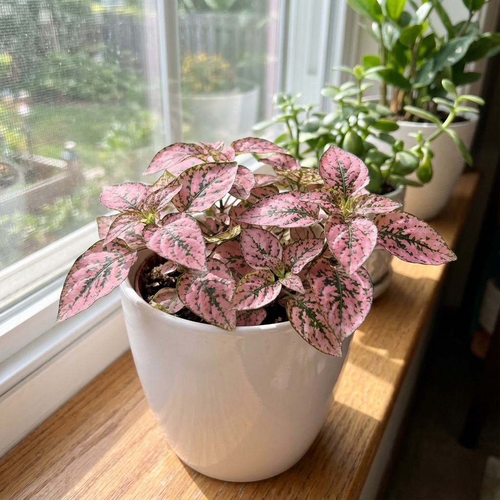 Polka Dot Plant Pink - Hypoestes phyllostachya 'Splash Select Pink' boasts vibrant pink-speckled leaves and comes in a white pot, perfect for a sunny windowsill among other lush indoor plants.