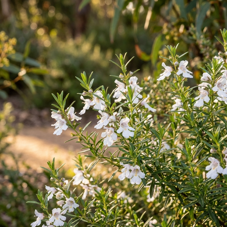 White flowers bloom on the Poorinda Ballerina Mint Bush (Prostanthera ‘Poorinda Ballerina’), its aromatic foliage shining in the sunlight against a lush garden backdrop.